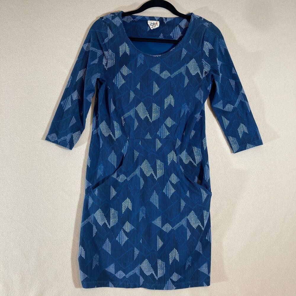 Mata Traders Dress Sm Blue 3/4 Sleeve Pockets Organic Knit Slow Fashion Comfort